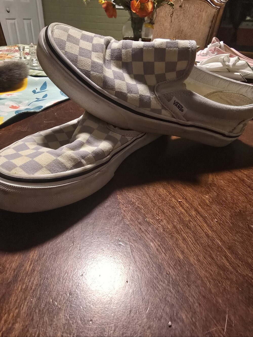Vans Slip-On Checkerboard Sneakers in White and Light Gray